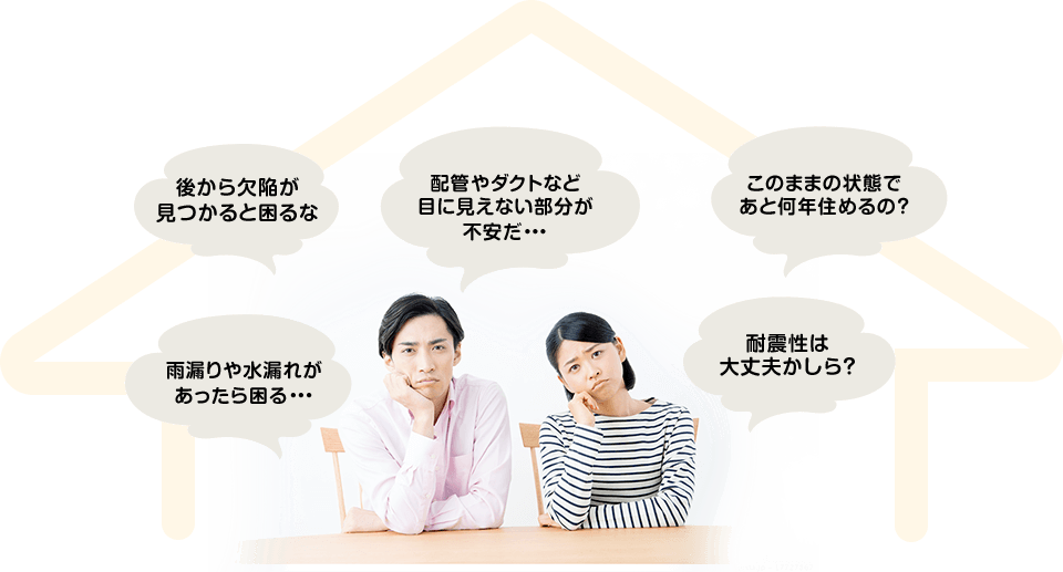 後から欠陥が見つかると困るな 配管やダクトなど目に見えない部分が不安だ・・・ このままの状態であと何年住めるの？ 雨漏りや水漏れがあったら困る・・・ 耐震性は大丈夫かしら？