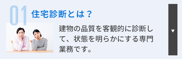 01 住宅診断とは？ 建物の品質を客観的に診断して、状態を明らかにする専門業務です。